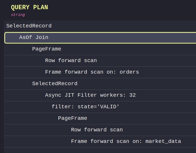 Screen capture of the EXPLAIN output for the hinted ASOF join, showing a separate filter
